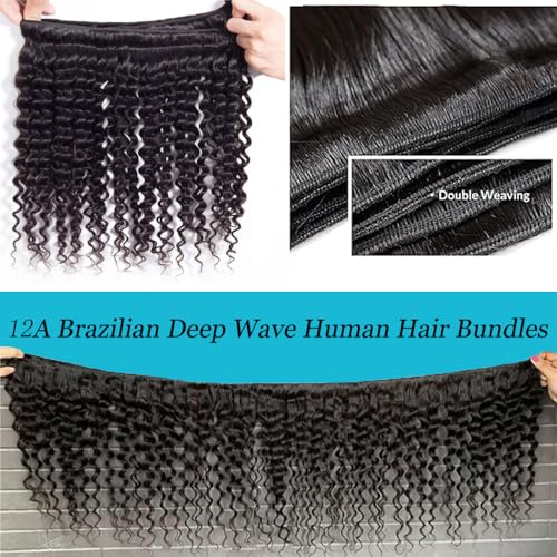 Great Grace 12A Deep Wave Human Hair Bundles 22 24 26 Inch Curly Bundles Human Hair 100% Unprocessed 3 Bundle Brazilian Virgin Human Hair Extensions Quick Weave Natural Black Color