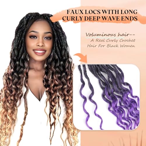 Short Purple Crochet Hair-8 Packs 12 Inch Deep Faux Locs Crochet for Black Women Pre Looped|Prelooped Goddess Locs With Wavy Curly Ends Synthetic Crochet Braids,Lightweight& Natural (12",T1B/Purple#)