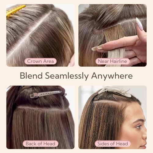 HOTBANANA Invisi Edge Tape in Hair Extensions Human Hair, 16inch 50g 10pcs Invisible & 10pcs Classic Chocolate Brown Mixed Caramel Blonde Balayage Seamless Tape in Hair Extensions Straight Injected