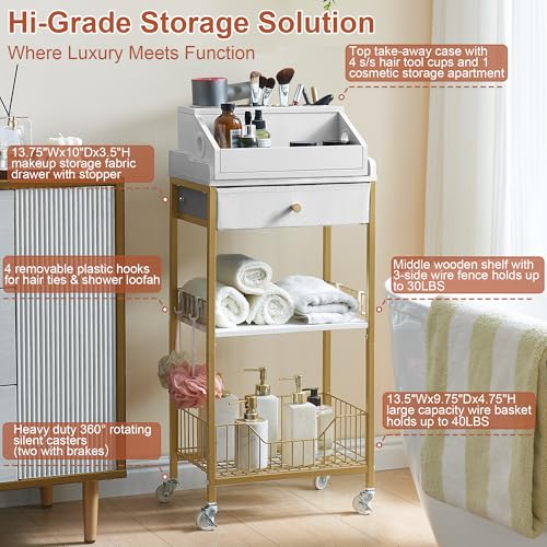 Makeup Organizer Cart with Drawer, 2-in-1 Rolling Organizer Cart with Hair Tool Holder, Vanity Storage for Skincare, Perfume, Nail Polish, Cosmetics, Gold Finish