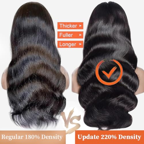 30 Inch 13x6 Body Wave Lace Front Wigs Human Hair 220 Density HD Lace Front Wigs Human Hair Pre Plucked Brazilian Virgin Wigs Human Hair for Women Glueless Lace Frontal Wig Natural Black Body Wave Wig