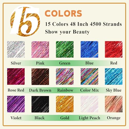 Hair Tinsel Kit With Body Glitter 15 Colors 48 Inch 4500 Strands Glitter Tinsel Hair Extensions With Tools Fairy Hair Accessories, Suitable for Festivals and Daily Use (15 Colors Hair Tinsel Kit)