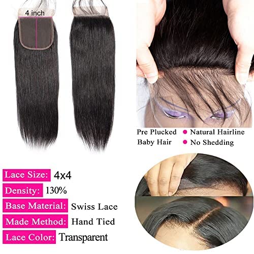 4X4 HD Lace Closure Straight Human Hair 14 Inch hd Transparent Lace Closure Pre Plucked with Natural Hairline Bleached Knots 100% Unprocessed Brazilian Virgin Human Hair Closure 4X4 Closure Free Part