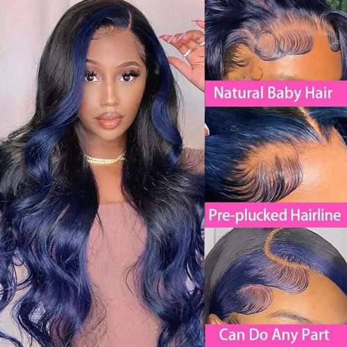 YMS Ombre Blue Wigs Human Hair 180% Density Dark Blue Body Wave HD Lace Front Wigs for Women 26 Inch Highlight Blue Skunk Stripe Glueless Wigs Pre Plucked
