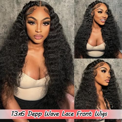 34 Inch Curly Human Hair Wig Deep Wave 13x6 Lace Front Wigs Human Hair Pre Plucked 180% Density Glueless Wigs Human Hair HD Lace Frontal Wigs Natural Color