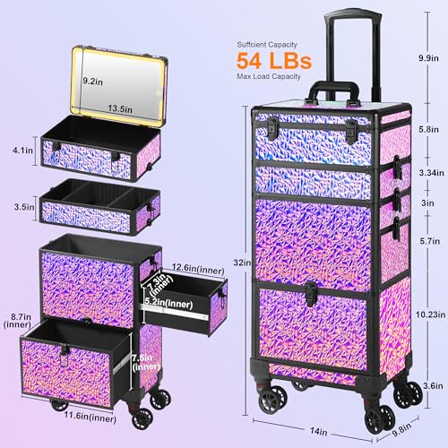 Rolling Makeup Case with Lighted Mirror, Makeup Train Case with Large Drawer, Cosmetology Case, Travel Makeup Organizers, Professional for Salon Barber, Nail, Tattoo, Multicolor Purple