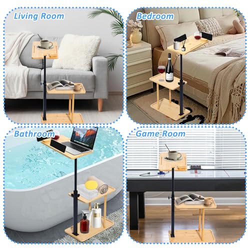3 Layer Bath Tub Tray Table, Liftable Freestanding Bamboo Bath Tray Caddy for Tub Against Wall, Bath Table Tray Tub Shelf Bathroom Organizer Shelf for Luxury Spa and House Warming New Home