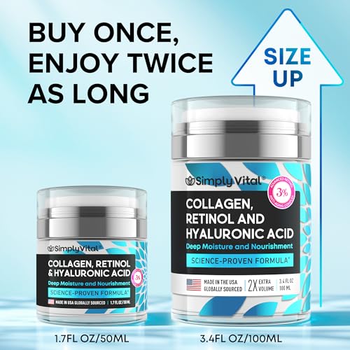 SimplyVital Collagen, Retinol & Hyaluronic Acid Cream - Anti-Aging Retinol Cream for Face, Neck & D?collet? - Made in USA - Daily Moisturizer Face Cream - 3.38 fl oz