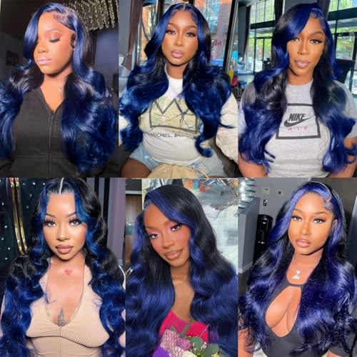 YMS Ombre Blue Wigs Human Hair 180% Density Dark Blue Body Wave HD Lace Front Wigs for Women 26 Inch Highlight Blue Skunk Stripe Glueless Wigs Pre Plucked