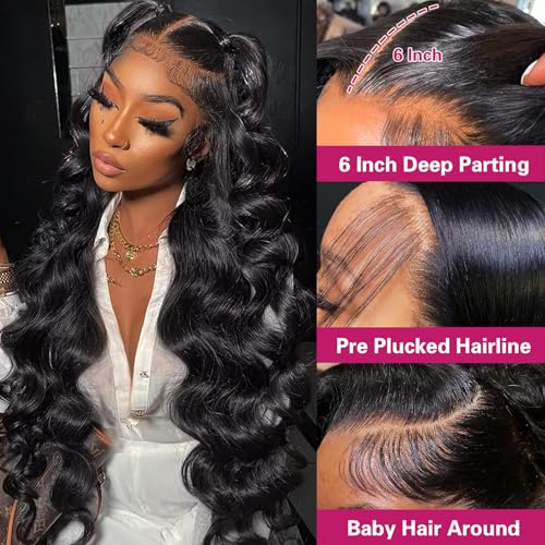 Body Wave Lace Front Wigs Human Hair 200 Density 12a Grade 100% Virgin Human Hair Wigs for Black Women 13x6 Hd Transparent Lace Pre Plucked Natural Black 34 Inch