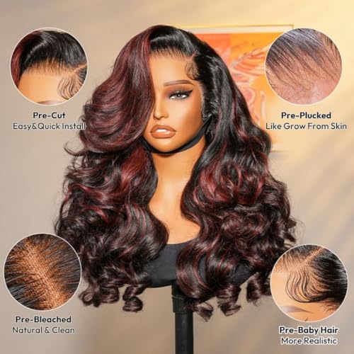 Ali Pearl Body Wave Lace Front Wigs Layered Cut Curtain Bangs Side Part 13x4 Body Wave Human Hair Highlights 1B/99J Burgundy Pre Plucked Glueless Wigs with Baby Hair 18 Inch