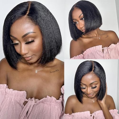4C Edges Baby Hair Yaki Bob Wig Human Hair Glueless Side Part Short Kinky Straight Human Hair Wig Thick End UHD 13x4 Lace Front Wig Pre-Bleached Natural Color Brazilian Virgin Hair 12"