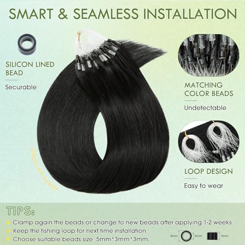 Hairro Microlink Hair Extensions Human Hairo Micro Loop Microbeaded Hair Microlinks Pre Bonded Cold Fusion I Tip Hair For Women 14 inch 50g 100 Strands #01 Dark Black