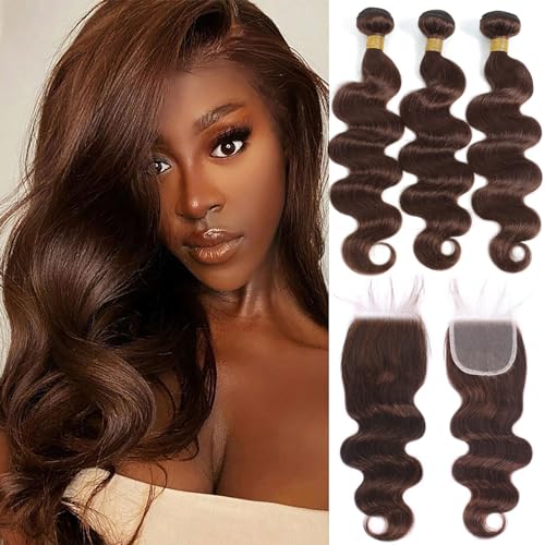 Kapelli Hair Brazilian Body Wave Bundles with Closure (18 20 22+16) 10A Light Brown Body Wave Human Hair Bundles with Lace Closure Brazilian Virgin Hair 3 Bundles with Lace Closure with Baby Hair