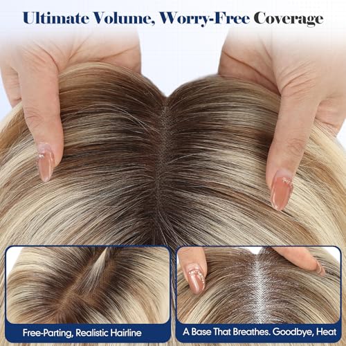 HAIRCUBE Human Hair Toppers For Women 6"*5" Large Base Real Human Hair With Thinning, 14 Inch For Hand-Woven, 60g, Use Daily, Hairloss, Ombre Light Ash Blonde, With Bangs