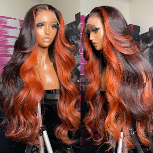 Ginger Highight Body Wave Wig Brazilian Remy Wig 13x4 Transparent Lace Front Human Hair Wigs Pre Plucked Hairline With Baby Hair Bleached Knots (18inch, 13X4)