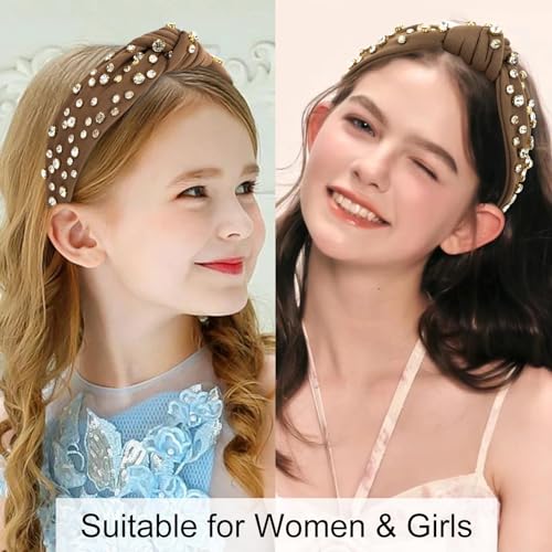 AMCAMI Brown Knotted Headband Rhinestone Jeweled Sparkly Headband for Women Girls Teacher Knot Beaded Crystal Headband Thick Dressy Headbands Hair Accessories for Women Girls