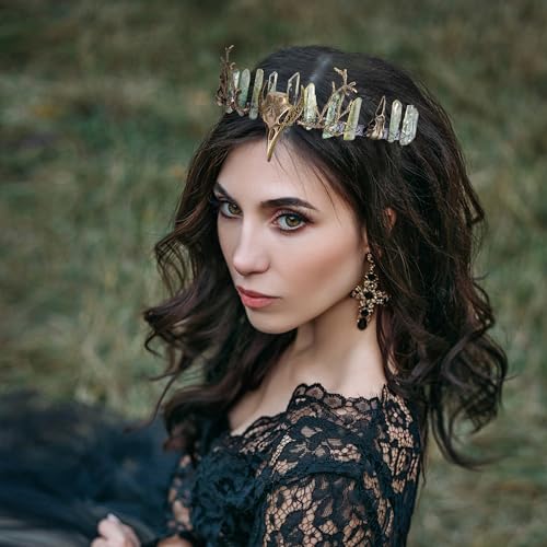 Green Fairy Crystal Crown - Handmade Raw Quartz Tiara with Bronze Crow Branch Moon Elf Headpiece Fantasy Forest Witch Crown Wedding Renaissance Halloween Cosplay Woodland Headband