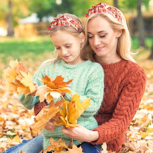 PANTIDE Thanksgiving Fall Jeweled Knotted Headband - Pumpkin Rhinestone Crystal Embellished Headband Wide Top Knot Fashion Hairband Hair Accessories Autumn Birthday Gift for Women Girls(Plaid Pumpkin)