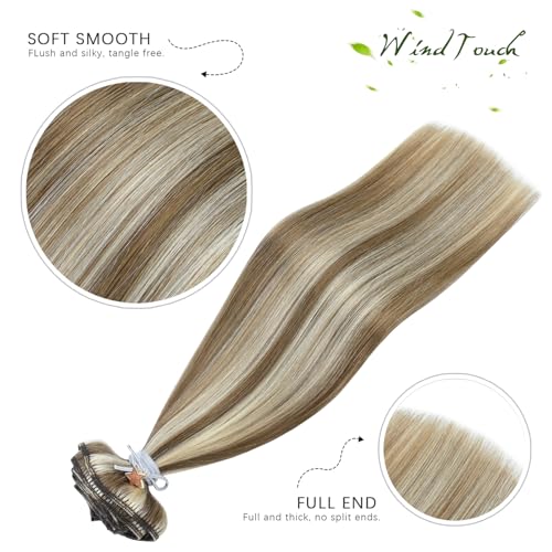 WindTouch Clip In Hair Extensions Ash Blonde To Platinum Blonde Human Hair Highlights For Blonde Full Head 20Inch 120g 7PCS Remy Hair Extensions