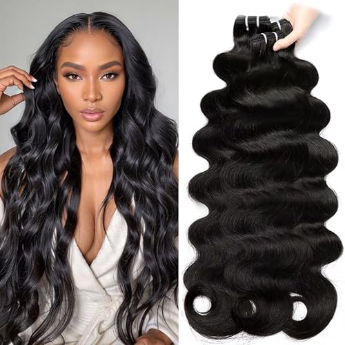 Human Hair Extensions - Body Wave Bundles, 100% Unprocessed Brazilian Virgin Hair, 3 Bundles, Wavy, Black, Sew-In Installation, 26-30 Inch