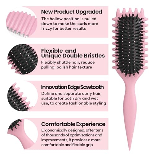Curl Defining Brush, Multi Purpose Styling Brush for Separating, Combing and Curling Hair to Reduce Pulling (Pink)