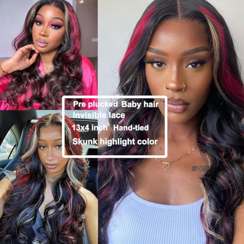 Highlight Red Skunk Stripe Blonde Synthetic Lace Front Wig Glueless Long Wavy Colored Mixed Red Black 13x4 Lace Front Wigs for Women Pre Plucked with Baby Hair 24 Inches 150 Density