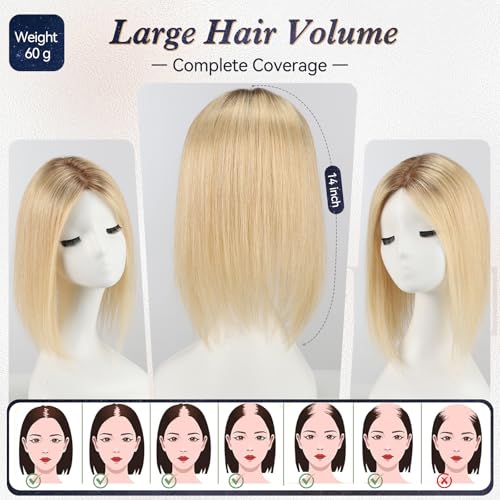 starluck 6x5 inch Large Swiss Base SilkHug 14 Inch Real Human Hair Toppers,60 Gram, 100% Real Human Hair Toppers for Women with thinning (Ombre Blonde, no Bangs)