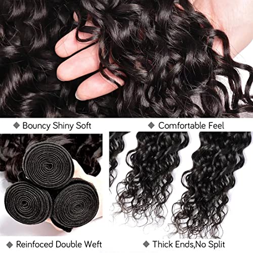 Water Wave Bundles with Closure 12A Unprocessed Brazilian Virgin Human Hair(18 20 22 24+16,Free Part) Bundles and Closure Ocean Wave Human Hair Bundles with 4x4 Lace Closure Natural Color