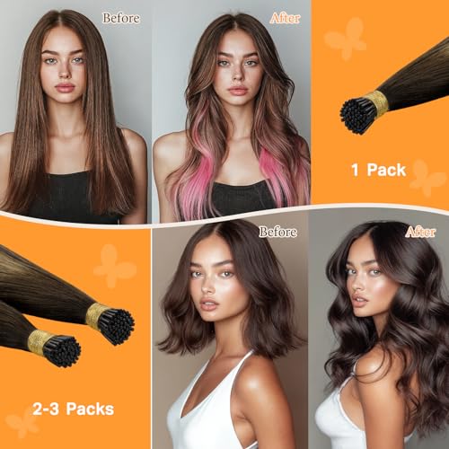 DOORES Itip Remy Hair Extensions,24 Inch 100g 100s Itip Human Hair Extensions,Balayage Dark Brown to Chestnut Brown I Tip Hair Extensions Cold Fusion Hair Extensions Natural Smooth Hair