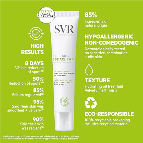 SVR Sebiaclear Mat+Pores Mattifying Face Cream. 4% Niacinamide Non-Comedogenic Moisturizer for Oily to Combination Skin. Controls Shine & Visibly Tighten Pores. Oil-Free, 1.3 fl.oz