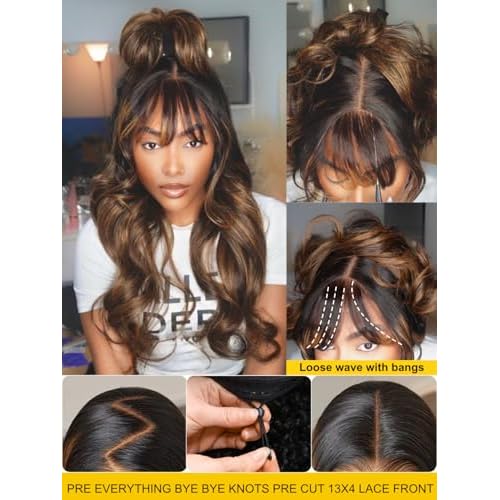 Sunber Ombre Brown Loose Body Wave With Bangs Pre Everything Glueless 13x4 HD Lace Front Human Hair Wig 180% Density Highlight Balayage Pre cut Lace Pre Plucked Bye Bye Knots Drawstring Wig 20Inch