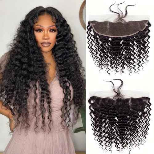13x4 HD Lace Frontal Closure Deep Wave 18 Inch Ear To Ear Frontal Free Part Closure with Baby Hair Brazilian Virgin Curly Human Hair for Women Pre Plucked Frontals Closure Natural Black