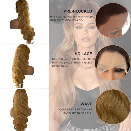 13x4 Ombre HD Transparent Lace Front Wigs Human hair Pre Plucked Brazilian Body Wave Frontal Wigs Remy Human Hair with Baby Hair Natural Hairline,1b/27 32Inch