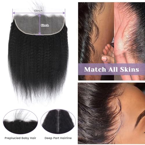 Kinky Straight Frontal 13x6 Frontal Human Hair Transparent HD Lace Frontal Yaki Straight Frontal Closure 100% Human Hair Ear to Ear Lace Frontal Natural Black Color 20Inch 150% Density