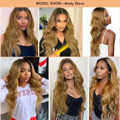 13x4 Ombre HD Transparent Lace Front Wigs Human hair Pre Plucked Brazilian Body Wave Frontal Wigs Remy Human Hair with Baby Hair Natural Hairline,1b/27 32Inch