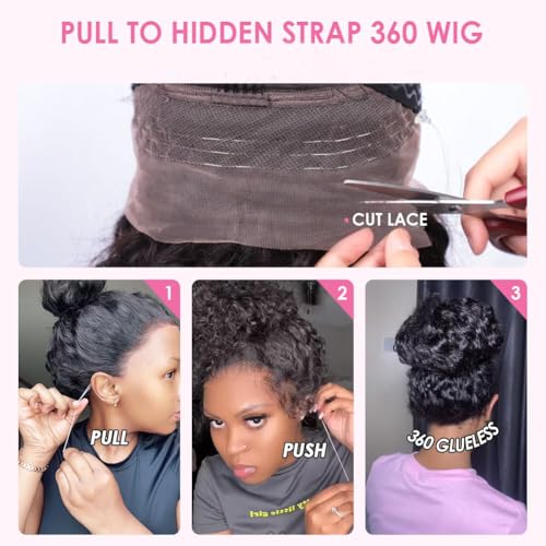 Hidden Strap Water Wave 360 Wigs Human Hair Pre Plucked 180 Density Drawstring Wig Human Hair Wet and Wavy HD Full Lace Frontal with Baby Hair (18 inch)