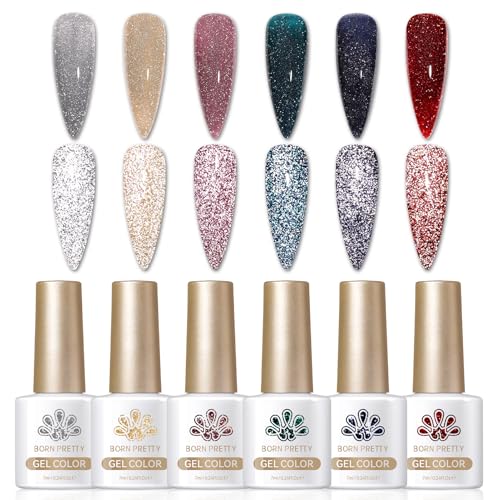 Born Pretty Reflective Glitter Gel Nail Polish, 6 Colors Holographic Gel Polish Long Lasting Sparkly Shiny Nail Polish U V Set for Manicure and Nail Art, DIY at Home, Salon-Quality 7ml