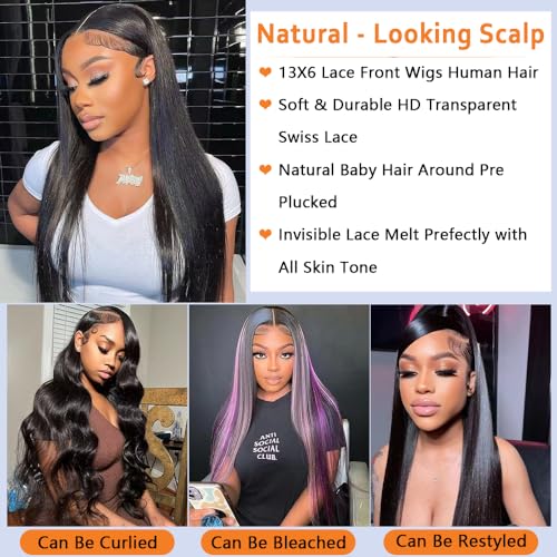 13x6 Straight Lace Front Wigs Human Hair 30 Inch 180 Density Pre Plucked with Baby Hair HD Transparent Lace Frontal Wigs Glueless for Women Nature Black Color