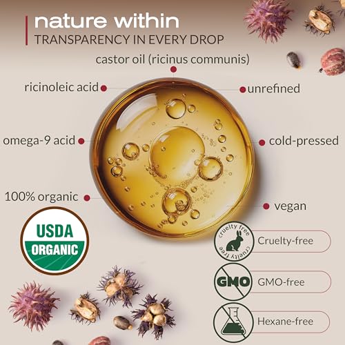 Ella & Eden Castor Oil Organic ? Cold Pressed Hexane-Free Unrefined Glass Bottle | For Hair Growth, Face, Skin | USDA Certified 100% Pure ? 16 Oz