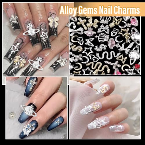 105 Pcs Silver+Gold Nail Gems Charms, Planet Crown Dollar Nail Gems Snake Star Bow Nail Charms 3D Cross Nail Art Jewelry Charms + Gold Dollar Charms for Nail Art DIY Jewel Accessories