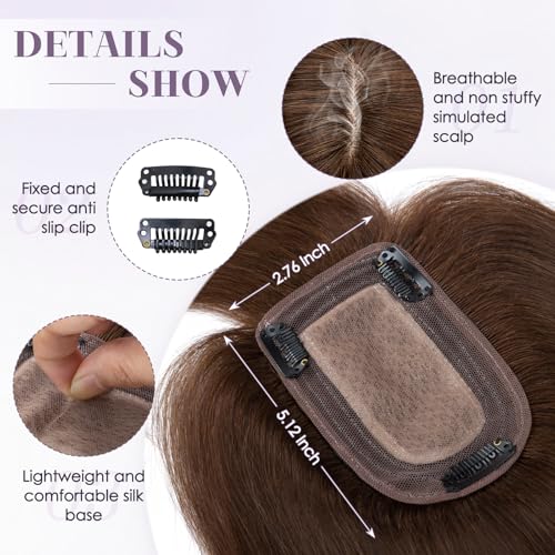 Hair Toppers for Women Real Human Hair 18 Inch Long Straight Toppers for Women with Thinning 7 * 13CM Silk Base Clip in Hairpieces with Bangs (Medium Brown)