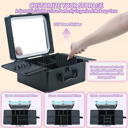 Makeup Organizer Box with Detachable Lighted Mirror, Travel Train Cosmetic Case, Adjustable Divider Storage Bag, Portable Artist Storage Suitcase with Magnetic LED Mirror (Light Pink)