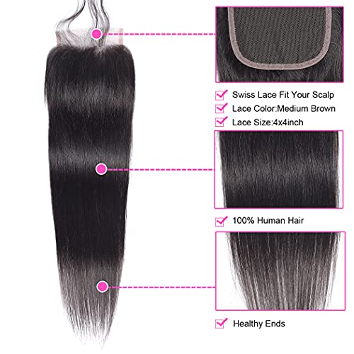 FQ Peruvian Straight Human Hair Bundles with Closure(20 22 24+16 Closure) Unprocessed Virgin Human Hair 3 Bundles with Closure 10A Straight Hair Wave Bundles with Lace Closure