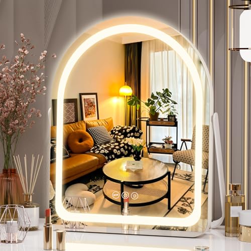 Hasipu Vanity Mirror with Lights, 11"¡¿ 14" Arched LED Makeup Mirror, Lighted Makeup Mirror with Lights, Smart Touch Control Dimmable 3 Modes Light 360¡ÆRotation White