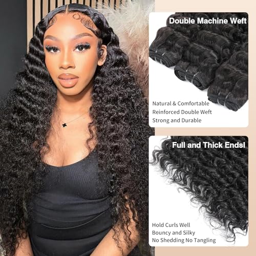 15A Raw Human Hair Deep Wave Bundles 20 22 24 Inch Deep Water Wave Bundles Human Hair Wet and Wavy Double Drown Weft Hair Extensions Natural Black Hair Bundle for Women