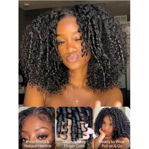 Nadula 13X4 HD Burmese Curly Drawstring Wig Human Hair with Finger Coil Ends, Glueless Pre Everything Spiral Curly Bye Bye Knots Lace Front Wig Pre Plucked with Ear Tape Ready to Go 150 Density 16inch