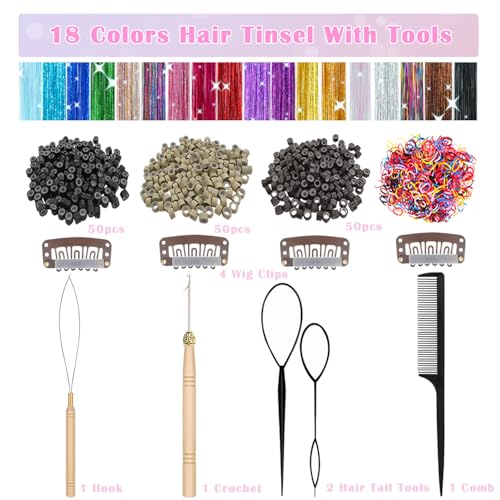 Hair Tinsel, 18 Colors 7800 Strands 48 Inch Glitter Tinsel Hair Extensions Kit Heat Resistant Daily Use Festivals Shiny Fairy Hair Accessories for Girls Kids Women (18 Colors)