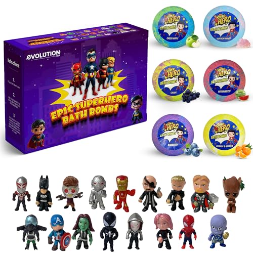 EvolutionUSA Purple Epic Superhero Bath Bombs for Kids, 6 Super Hero Bath Bombs with Toy Inside, Lush Childrens Bathbombs, Organic Bathbomb with Surprise Inside, Fizzy Fun Superhero Bath Balls