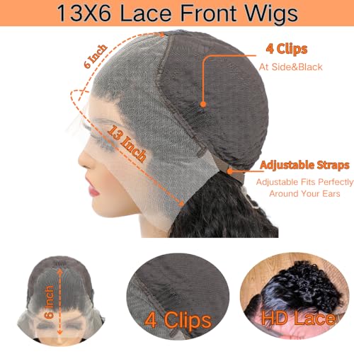 13x6 Deep Wave Lace Front Wigs Human Hair 200 Density 13x6 HD Transparent Deep Curly Lace Frontal Wig Pre Plucked with Baby Hair Wet and Wavy Glueless Wigs Natural Black for Women
